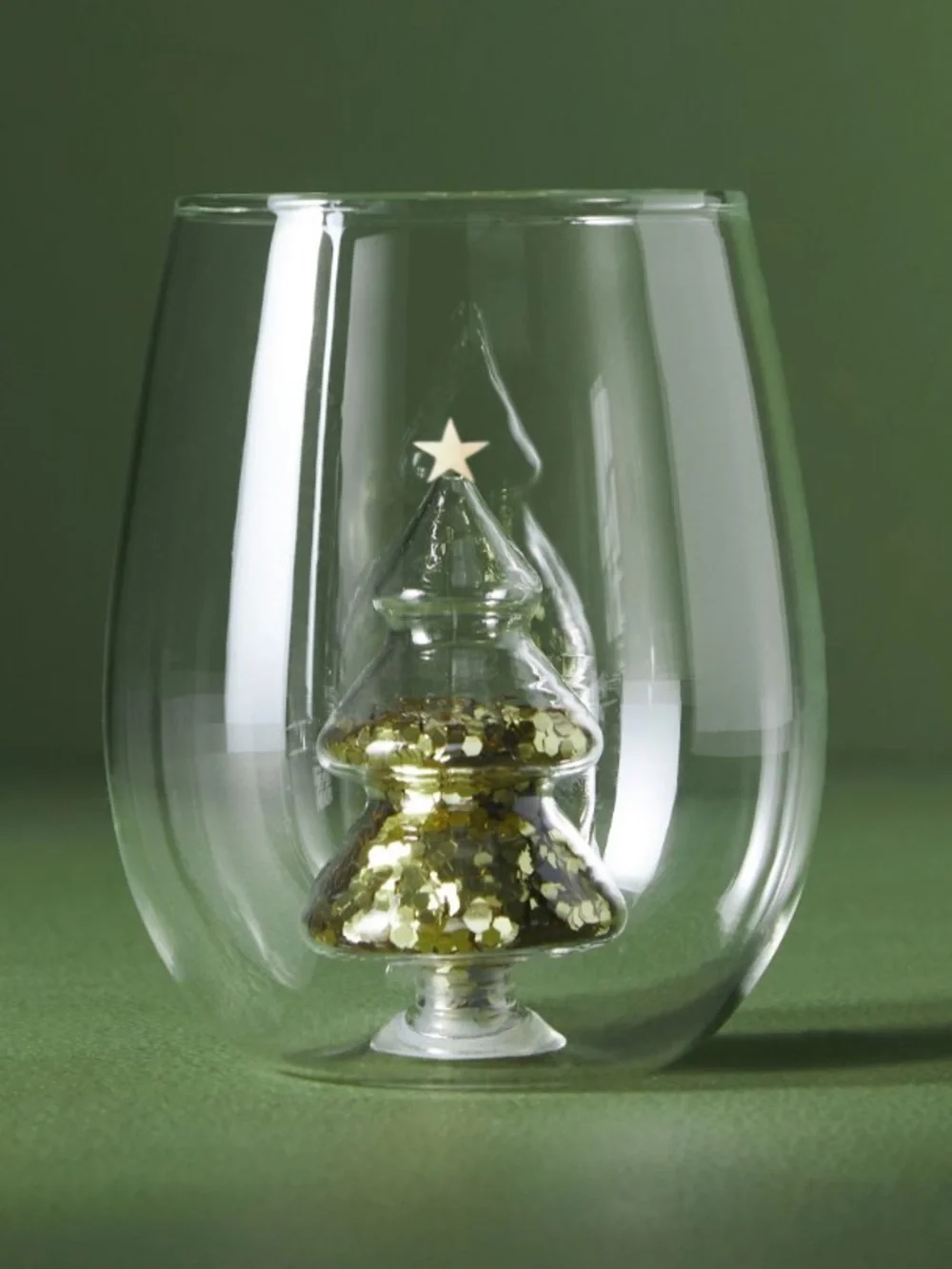Anthropologie Yuletide stemless wine Glass with Gold Glitter Tree Accent